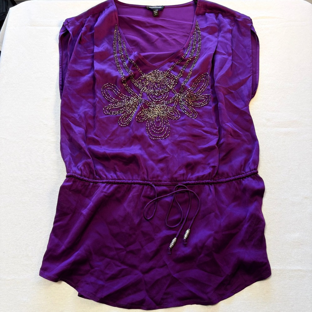 Bebe, Beaded V-Neck Tunic Top, Purple, Medium, MSRP $89